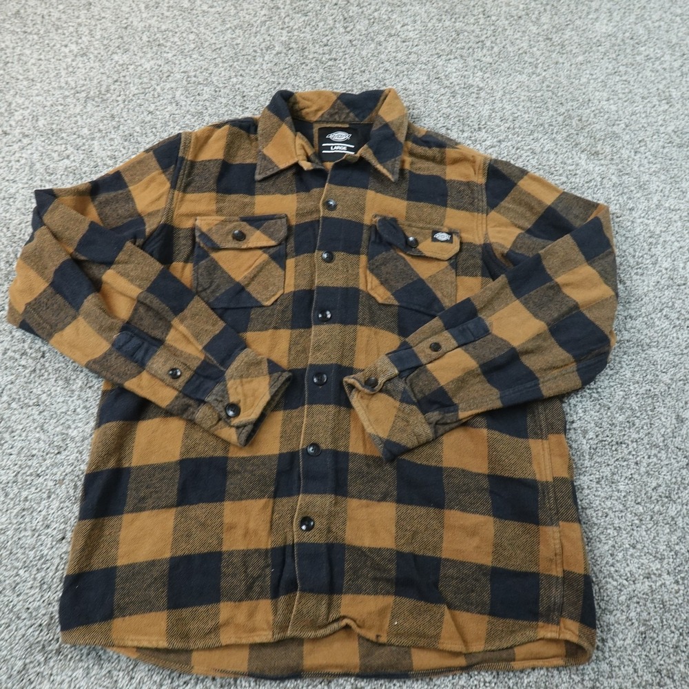 Dickies Shirt Mens L Brown Black Plaid Flannel Button Up Long Sleeve Workwear